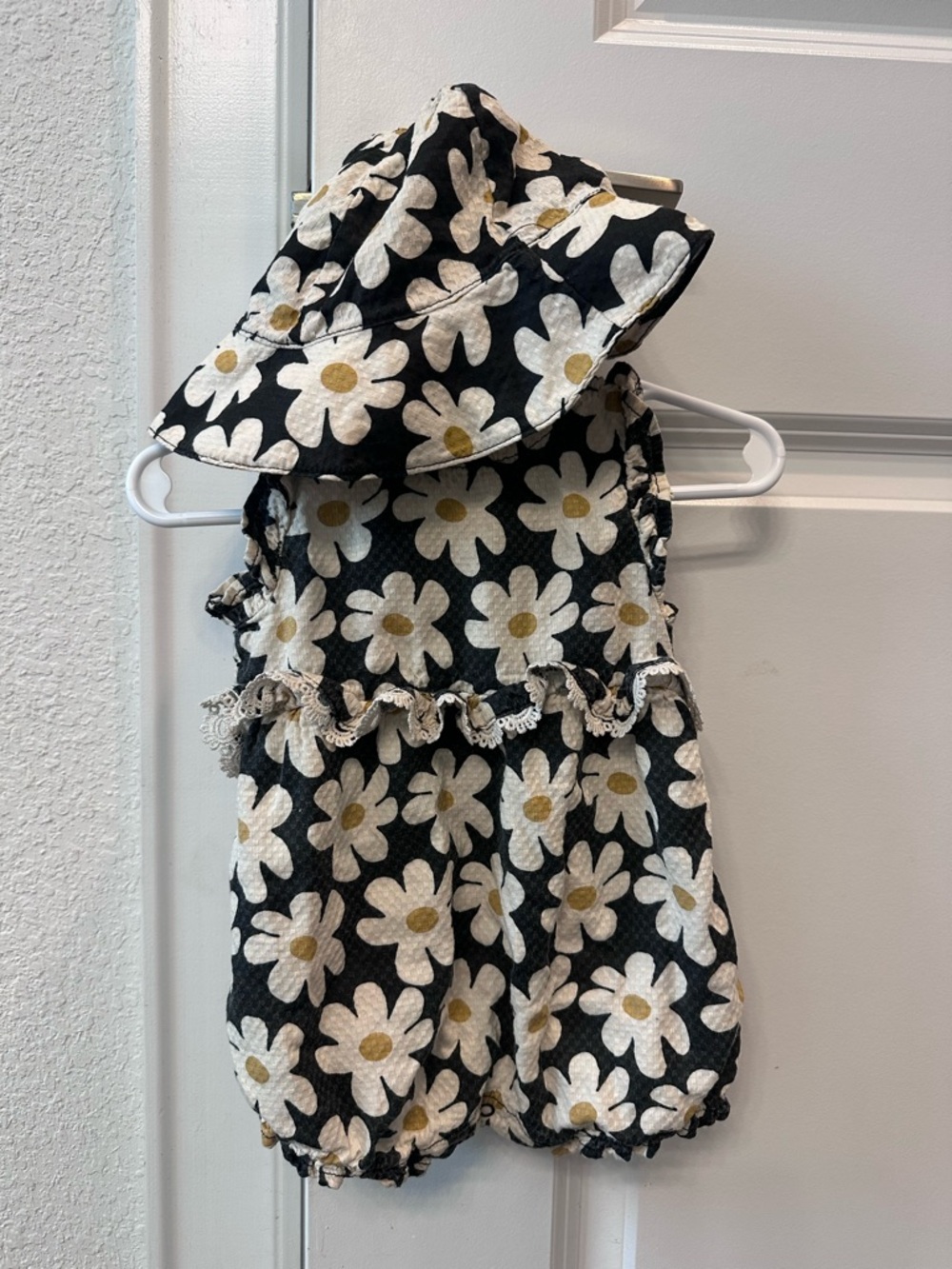 Jessica Simpson Black and Yellow Floral Button Romper with Matching Hat